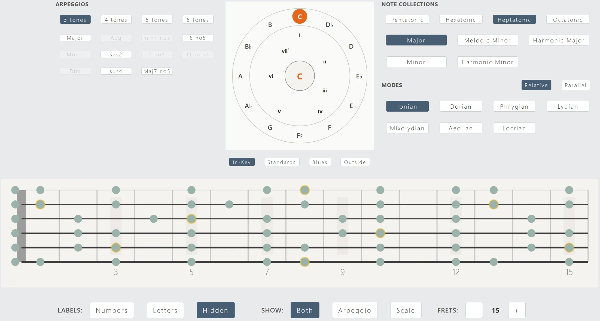 Fingerboard app showing the C major scale across the whole neck, with the chromatic wheel and scale controls