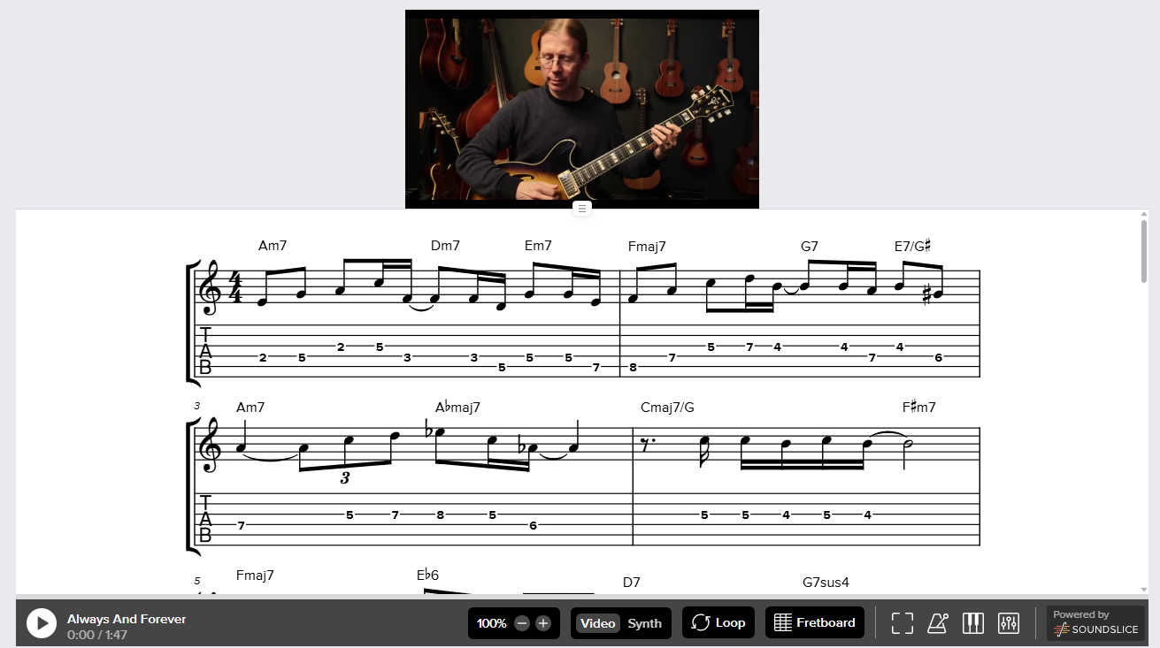 Interactive Soundslice notation with synced video, standard notation and tab